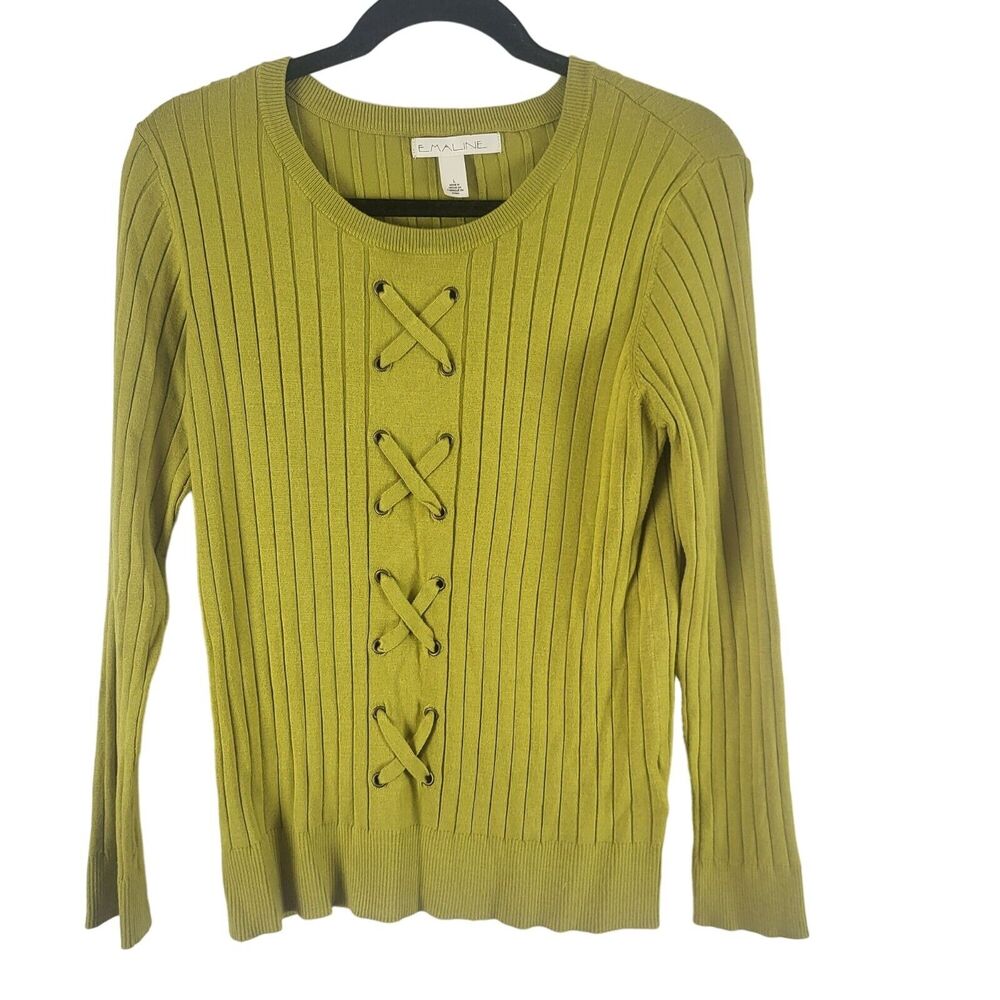 Emaline‎ Long Sleeve Sweater Top L Womens Green Crew Neck Pullover Coquette